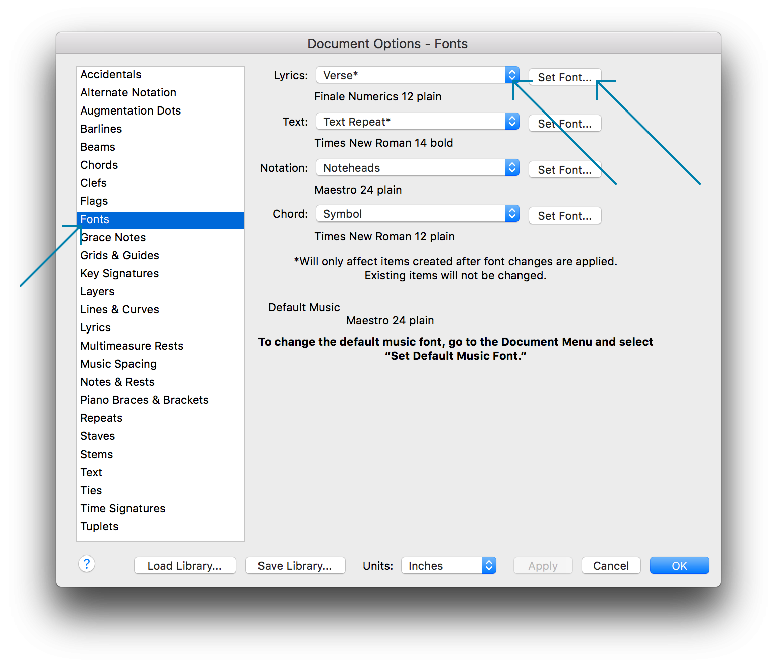 Document Options - Fonts dialog box with the Lyrics pop-up and Set Font button highlighted